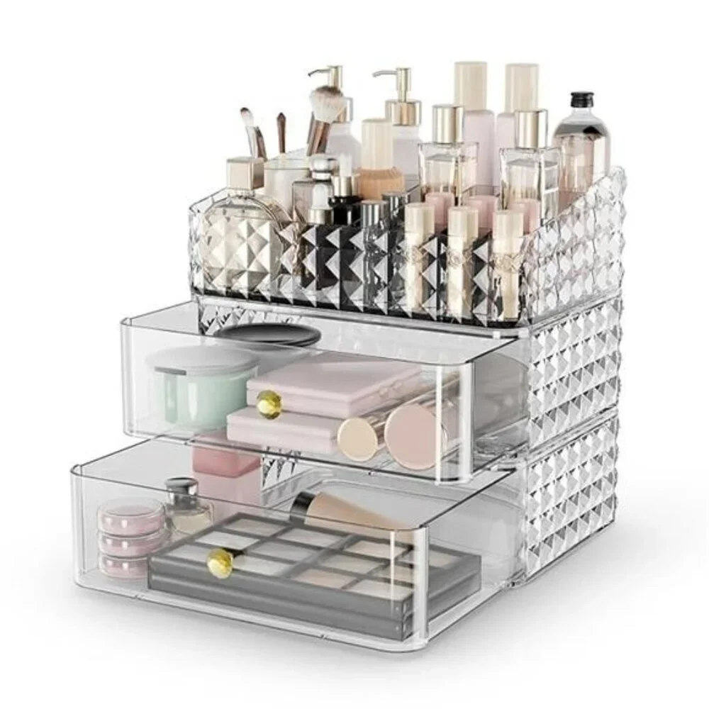 Clear stackable makeup organizer with drawers tray vanity storage case